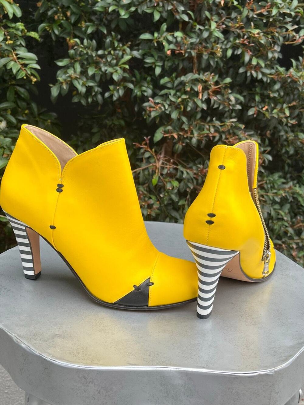 Milenika Handmade Italian High Heel Striped Yellow Ankle Bootie Leather 41